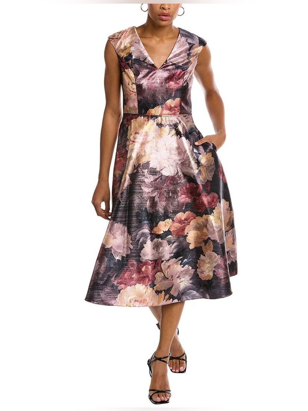 Aidan Mattox Floral V-Neck Cap Sleeve Midi Dress